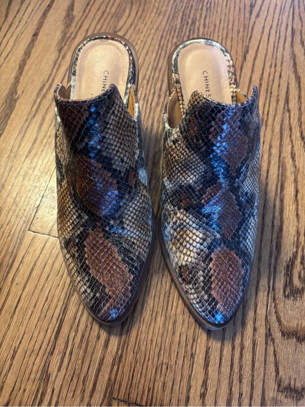 Chinese Laundry Snake-Print Pointed Toe Mules in Brown and Cream
